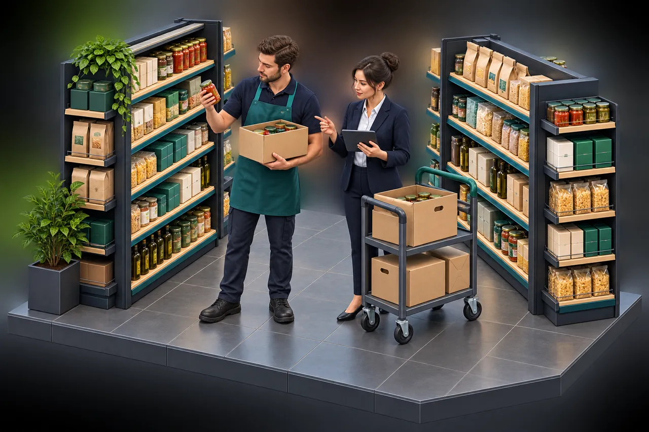 Funcionária consultando dados em um tablet no corredor do supermercado