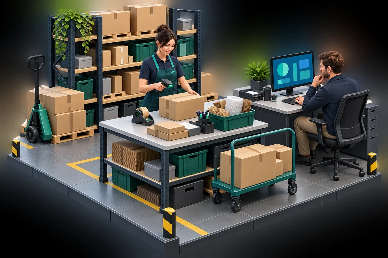 Ilustração de estoque e expedição de equipamentos da Automatizando